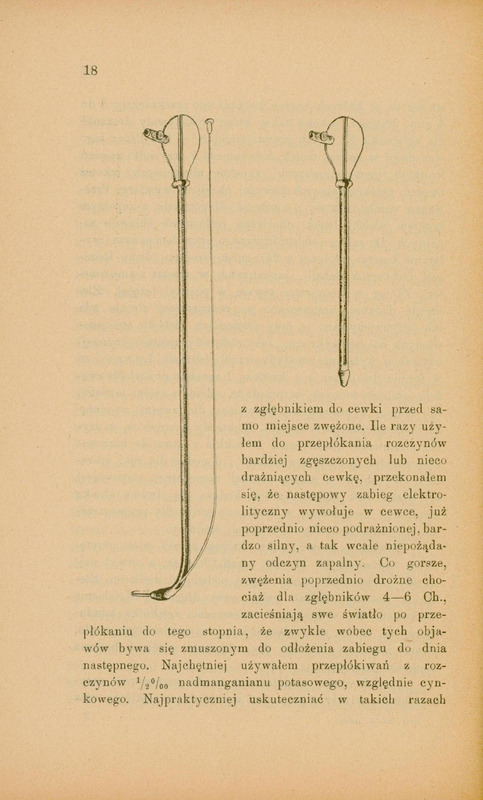 Obraz przedstawia ilustrację w pracy „Przyczynek do leczenia zwężeń cewki moczowej zapomocą elektrolizy”.
Na stronie widoczne są dwa czarno-białe rysunki przedstawiające instrumenty używane w procedurze leczenia zwężeń cewki moczowej przy pomocy prądu elektrycznego:
Z lewej strony widać dłuższy instrument:
długi, pionowy pręt zakończony od góry charakterystyczną pętlą lub uchwytem w kształcie gruszki — wygląda jak rączka lub izolowana część uchwytu elektrody.
Od dołu biegnie giętka, cienka rurka, która zakończona jest na samym dole rurki zakrzywioną końcówką — ta część przypomina cewnikowy drucik albo sondę zakończoną małym haczykiem lub zakrzywionym końcem do przeprowadzenia przez zwężone miejsce.
Prawy rysunek obrazuje krótszy instrument.
Bardzo podobna konstrukcja do lewego, ale bez długiej linki czy przewodu i z prostym zakończeniem.