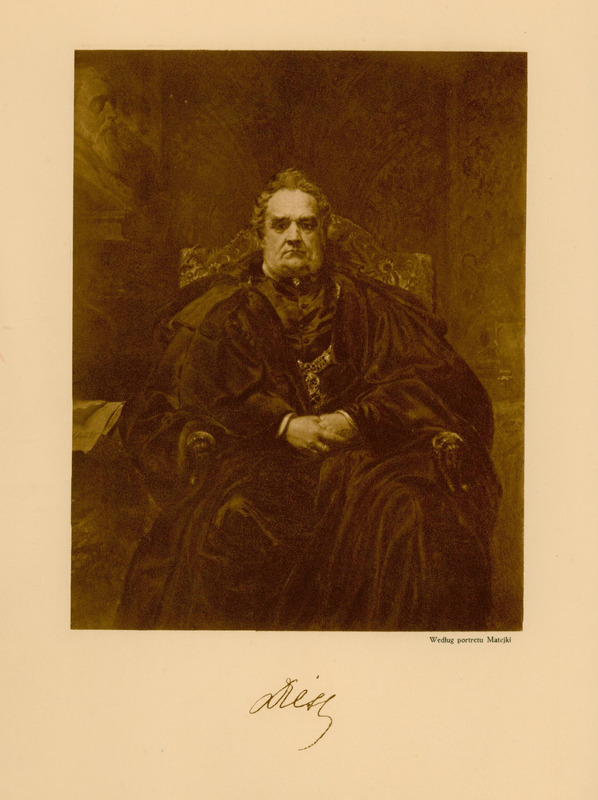 Ilustracja w odcieniach szarości i czerni przedstawia mężczyznę siedzącego na krześle, ubranego w togę, ze złożonymi rękami.