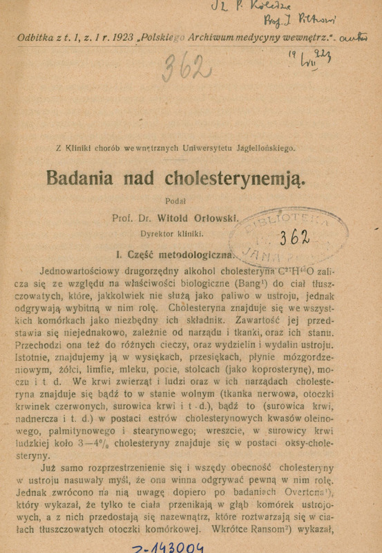 Ilustracja czarno-biała przedstawia pierwszą stronę broszury prof. Orłowskiego Badania nad cholesterynemją z 1923 roku.