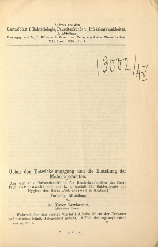Strona tytułowa pracy w języku niemieckim pt. Uber dem Entwickelungsang und die Einteilung der Malariaparasiten 1897.
