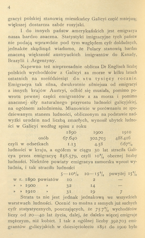 Czwarta strona publikacji Stanisława Ciechanowskiego pt. „Emigracya pod względem higieniczno-społecznym” zawiera tekst w języku polskim dotyczący emigracji z Galicji do Stanów Zjednoczonych, Kanady, Brazylii i Argentyny. Przedstawiono dane statystyczne dotyczące liczby emigrantów w latach 1890 (67 640 osób), 1900 (190 403 osób) i 1910 (488 416 osób), co odpowiada odpowiednio 1,13%, ~3,45% i ~6,67% całkowitej ludności Galicji. Wskazano również ubytek ludności w powiatach galicyjskich: do lat 90. XIX wieku (5–10%), do lat 00. XX wieku (10–15%) oraz do lat 10. XX wieku (powyżej 15%). Tekst analizuje wpływ emigracji na strukturę społeczną oraz porównuje liczbę urodzeń i zgonów w kontekście zmian demograficznych regionu.