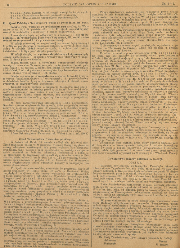 Skan doniesienia prasowego o Zjeździe Towarzystwa Francusko-Polskiego w Polskim Czasopiśmie Lekarskim z 1921 roku.