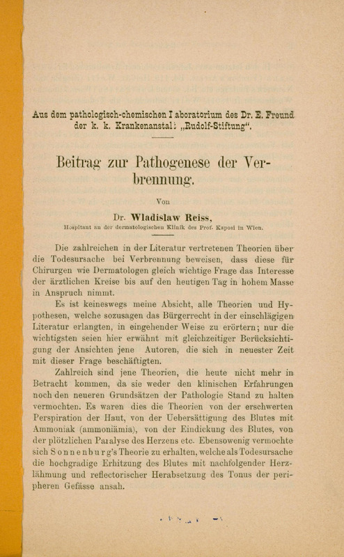 Skan zawiera pierwszą stronę artykułu „Beitrag zur Pathogenese der Verbrennung” opublikowaną w czasopiśmie Archiv für Dermatologie und Syphilis w 1893 r. Na górze strony napis: Aus dem pathologisch-chemischen Laboratorium des Dr. E. Freund der k.k. Krankenanstal: „Rudolf-Stiftung”. Poniżej tytuł dużą czcionką: „Beitrag zur Pathogenese der Verbrennung” oraz autor Dr. Wladislaw Reiss. Małą czcionką: Hospitant an der dermatologischen Klinik des Prof. Kaposi in Wien.
Poniżej zaczyna się główny tekst artykułu o patogenezie urazów oparzeniowych.