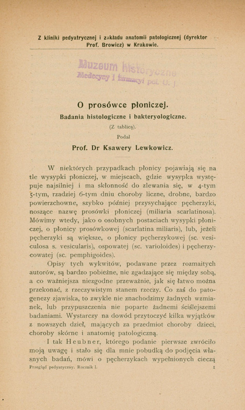 Strona tytułowa pracy "O prosówce płoniczej : badania histologiczne i bakteriologiczne ".