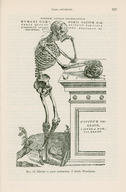 Ilustracja to XVI-wieczna grafika przedstawiająca ludzki szkielet pochylony nad pulpitem - rękę trzyma na leżącej na blacie czaszce.