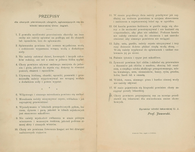 Ilustracja czarno-biała przedstawia tekst Przepisów dla chorych piersiowych ubogich, zgłaszających się do kliniki lekarskiej Uniw. Jagiell. prof. Jaworskiego.