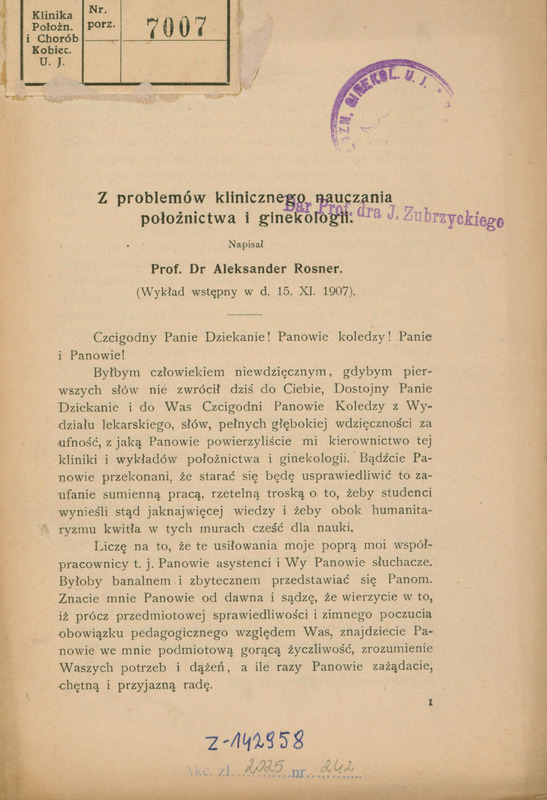 Ilustracja czarno-biała przedstawia stronę tytułową artykułu prof. Rosnera pod tytułem „Z problemów klinicznego nauczania położnictwa i ginekologii”. W górnej części strony pieczątka „Dar prof. dr. J . Zubrzyckiego”.