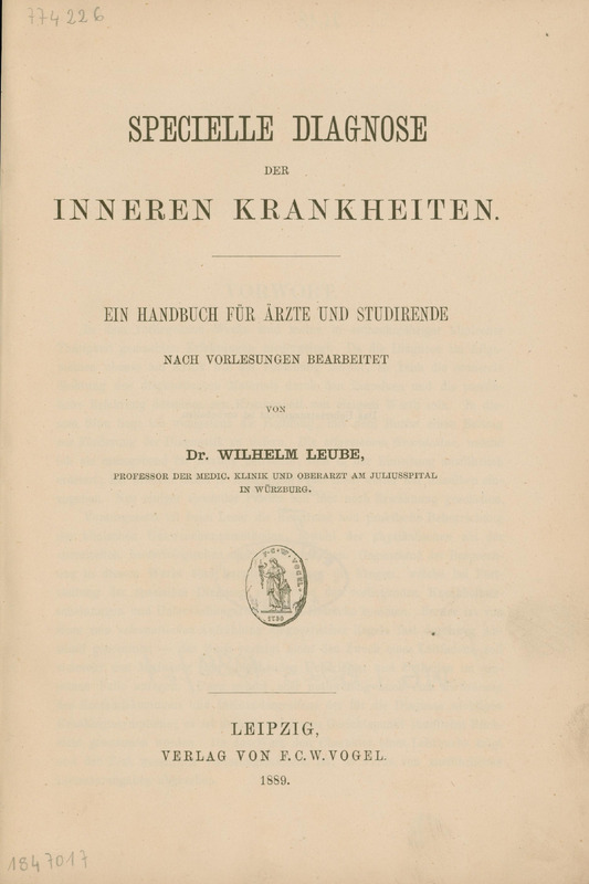 Ilustracja czarno-biała przedstawia stronę tytułową pracy Wilhelma Laube Specielle Diagnose der inneren Krankheiten z 1889 roku. Tytuł drukowanymi literami.