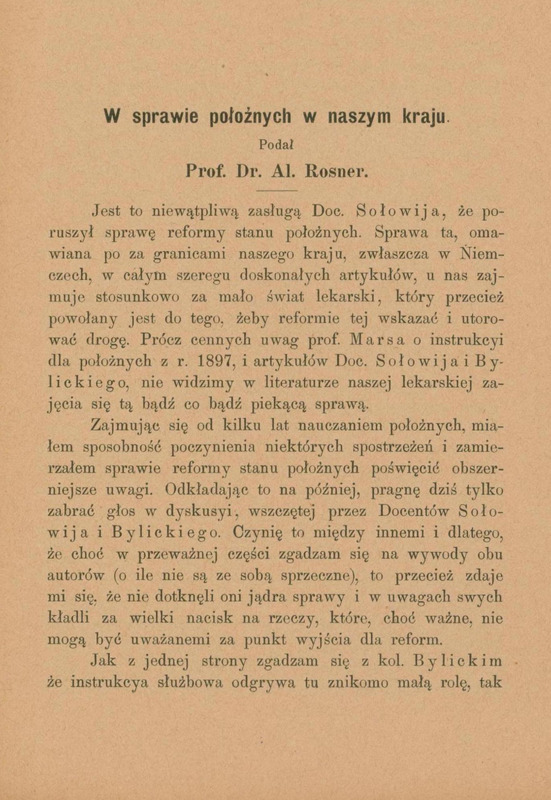 Ilustracja czarno-biała przedstawia pierwszą stronę pracy "W sprawie położnych w naszym kraju" autorstwa Aleksandra Rosnera.