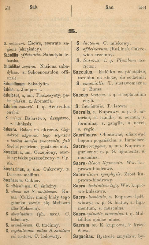 Czarno-białe strony ze Słownika Łacińsko-Polskiego Hasła na literę S.