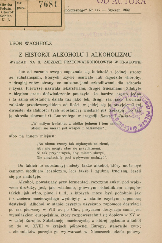 Ilustracja przedstawia pierwszą stronę artykułu Leona Wachholza: „Z historji alkoholu i alkoholizmu .”