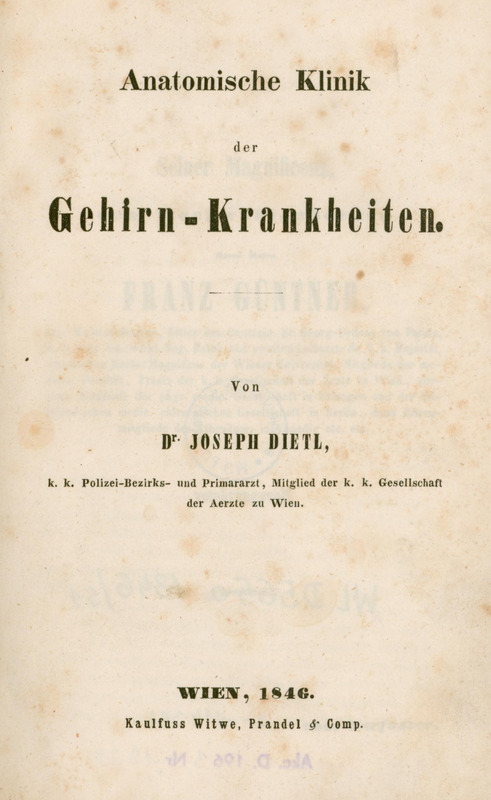 Ilustracja czarno-biała przedstawia stronę tytułową dzieła prof. Dietla pod tytułem Anatomische Klinik der Gehirn-Krankheiten z 1846 roku.