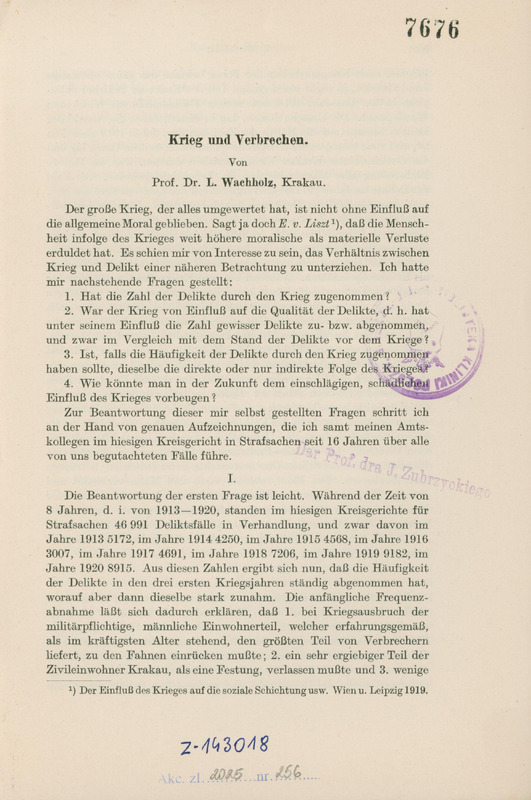 Ilustracja przedstawia pierwszą stronę artykułu Leona Wachholza „Krieg und Verbrechen”.