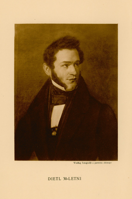 Ilustracja czarno-biała przedstawiająca młodego mężczyznę w czarnym fraku patrzącego w prawo. Podpisana Dietl 30-letni.