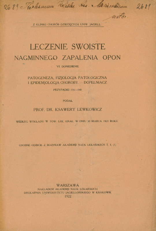 Strona tytułowa pracy "Leczenie swoiste nagminnego zapalenia opon". Warszawa 1922, Centralnie w górnej części dedykacja autora