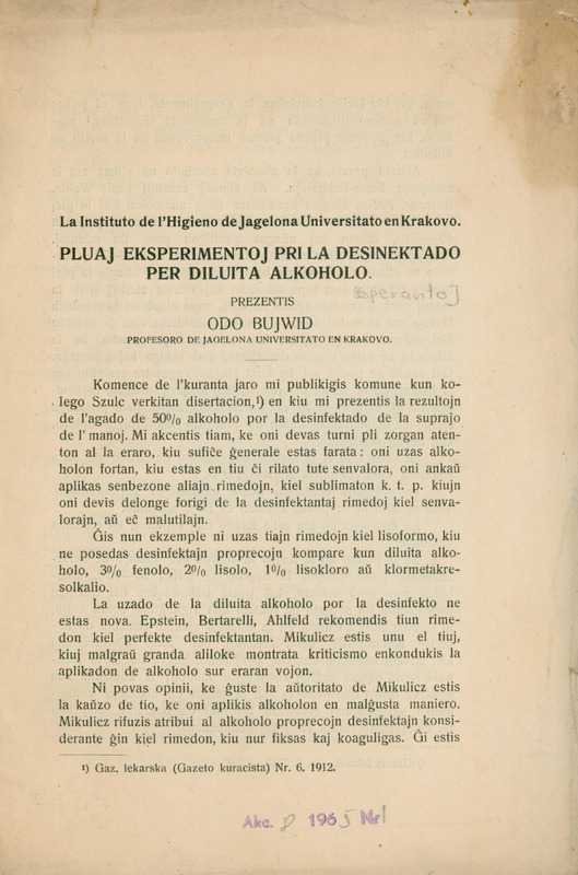Strona odbitki z "Gazety Lekarskiej" nr 1912, tekst w języku esperanto pt. „Pluaj eksperimentoj pri la desinektado per diluita alkoholo".