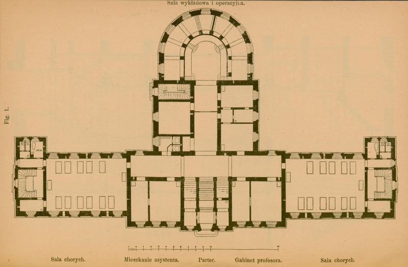 Ilustracja przedstawia plan budowanej przez prof. Rydygiera w Krakowie kliniki chirurgicznej.