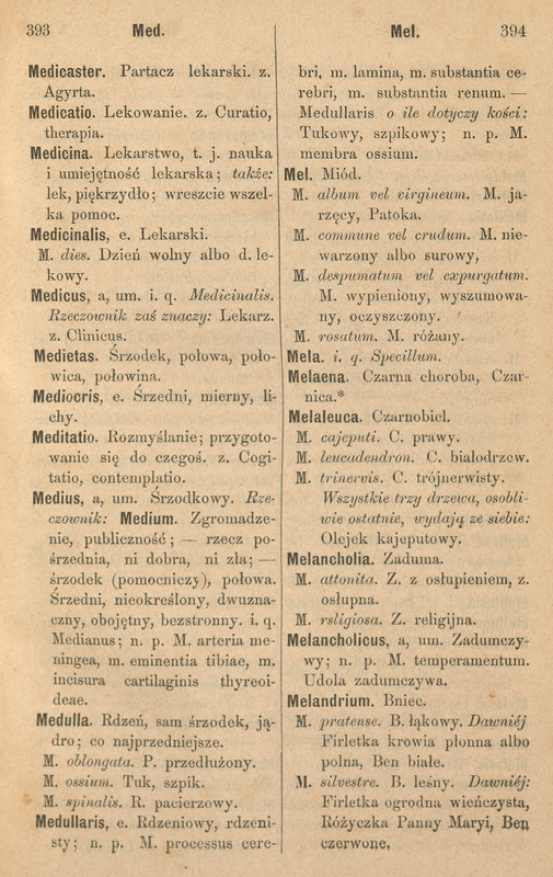 Czarno-białe strony ze Słownika Łacińsko-Polskiego Hasła na literę M.