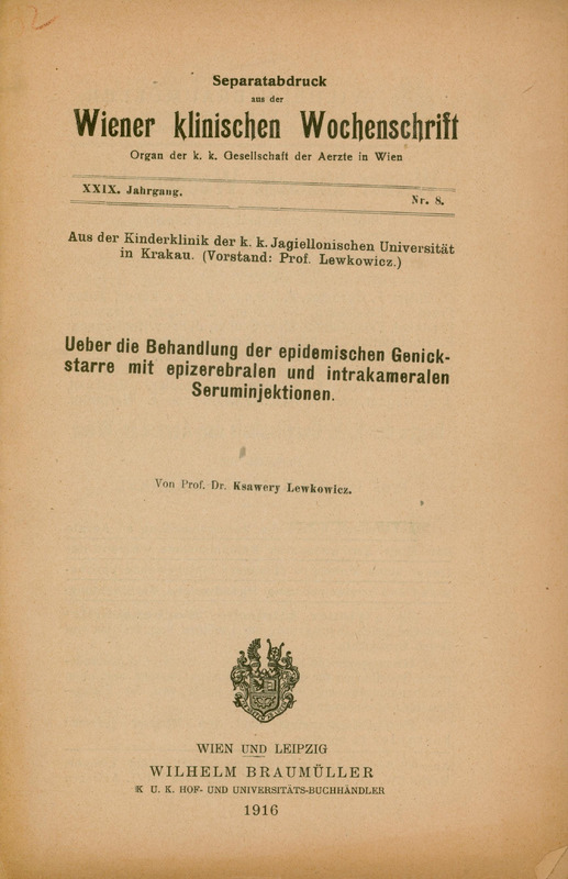 Strona tytułowa pracy w języku niemieckim Ueber die Behandlung der epidemischen Genick-starre mit epizerbalen und intrakameralen Seruminjektionen Lipsk 1916.