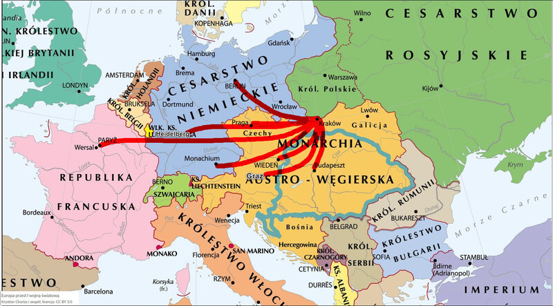 Rysunek przedstawia kolorową mapę polityczną Europy sprzed I wojny światowej, na której czerwonymi strzałkami zaznaczono szlaki podróży naukowych profesora Macieja Leona Jakubowskiego. Strzałki wychodzą z Krakowa i prowadzą do kilku ośrodków akademickich: Praga, Wiedeń, Paryż Berlin, Heidelberg, Graz, Monachium i Budapeszt.