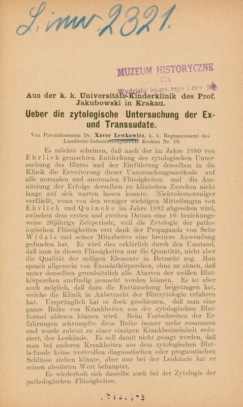Strona pracy w języku niemieckim Ueber die zytologische Unterschung der Ex-und Transsudate.
