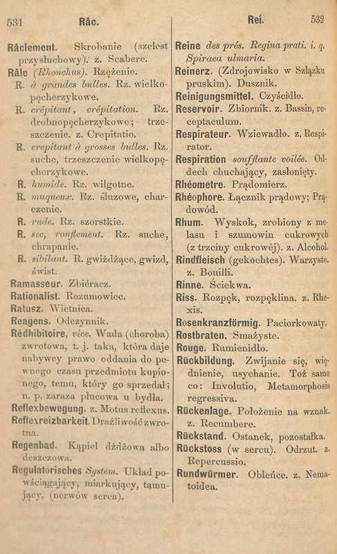 Czarno-białe strony ze Słownika Łacińsko-Polskiego Hasła na literę R.