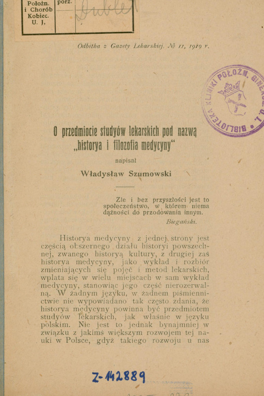 Ilustracja czarno-biała przedstawia stronę tytułową artykułu prof. Szumowskiego pod tytułem O przedmiocie studyów lekarskich pod nazwą "historya i filozofia medycyny".