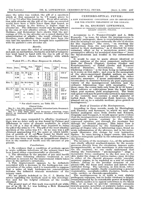 Czarno-biała strona z czasopisma "The Lancet". Na stronie artykuł "Cerebro-Spinal Fever: A New Pathogenic Conception And Its Importance For The Specific Treatment Of The Disease, 1924, vol. 2, 6 September, p. 487-491.