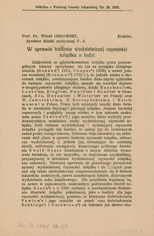 Ilustracja czarno-biała przedstawia pierwszą stronę broszury prof. Orłowskiego W sprawie badania wydzielniczej czynności żołądka u ludzi. Zawiera tytuł i fragment tekstu.