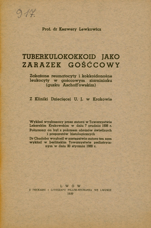 Strona tytułowa pracy Tuberkulokokkid jako zarazek gośćcowy, Lwów 1939.