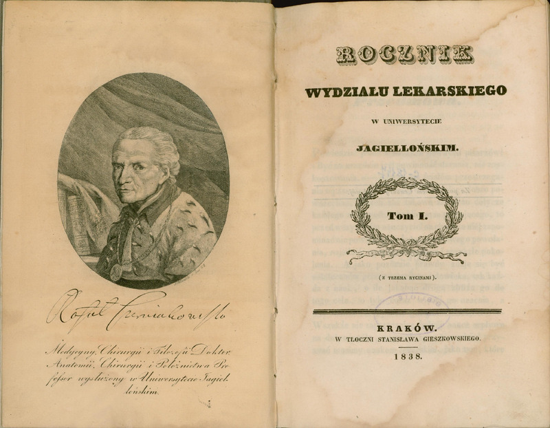 Rozkładówka książki.
Lewa kontrtytułowa strona zawiera portret starszego mężczyzny (popiersie w ujęciu trzy czwarte), ubranego w dekoracyjny ubiór z kołnierzem z gronostajów i z medalionem. W tle draperia, po prawej stronie z lekka przykrywająca dwie ustawione pionowo książki. Pod wizerunkiem znajduje się wydrukowany odręczny podpis „Rafał Czerwiakowski” oraz dopisek informujący o jego tytułach naukowych: „Medycyny, Chirurgii i Filozofii Doktor. Anatomii, Chirurgii i Położnictwa Profesor wysłużony w Uniwersytecie Jagiellońskim.”
Prawa strona to strona tytułowa publikacji:
„Rocznik Wydziału Lekarskiego w Uniwersytecie Jagiellońskim. Tom I. (z trzema rycinami)”. Napis „Tom I.” otoczony jest ozdobnym ornamentem w kształcie wieńca z liści laurowych z przywiązaną w dolnej części wstążką rozkładającą się symetrycznie na lewą i prawą stronę.
Poniżej znajduje się trzy proste poziome równoległe linie, środkowa jest grubsza od dwóch zewnętrznych.
Na dole strony znajdują się dane wydawnicze:
Kraków. W tłoczni Stanisława Gieszkowskiego. 1838.
Strona posiada plamę po zalaniu widoczną na całej stronie kontrtytułowej i w prawym górnym i dolnym lewym rogu strony tytułowej.