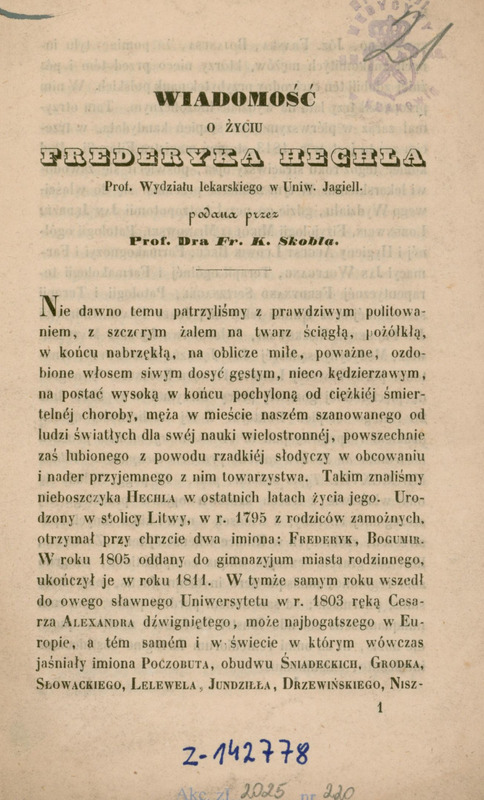 Czarno-biała strona tytułowa pracy Wiadomości o życiu Fryderyka Hechla. W prawym górnym rogu pieczęć Zakładu Historii Medycyny w Krakowie.
