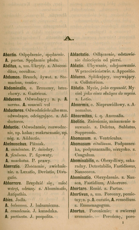 Czarno-biała strona "Słownika łacińsko-polskiego wyrazów lekarskich", hasła na literę "A".