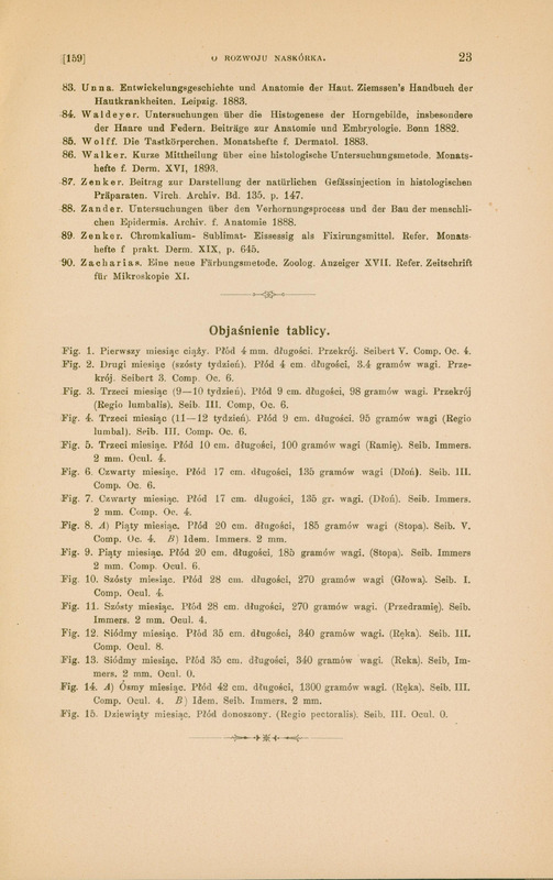 Skan strony tekstowej, bez ilustracji – zawiera sekcję objaśnień do tablicy histologicznej zatytułowaną „Objaśnienie tablicy”.
Tytuł rozdziału umieszczony jest na górze: „O rozwoju naskórka”, strona oznaczona numerem „23” w prawym górnym rogu, a w lewym górnym „[159]” (źródło wewnętrznej numeracji). Objaśnienie tablicy:
Poniżej wymieniono opis 15 ilustracji (Fig. 1–15), przedstawiających histologiczne przekroje naskórka w kolejnych miesiącach życia płodowego. 
Przykładowe szczegóły:
•	Fig. 1 – pierwszy miesiąc ciąży; płód długości 4 mm; preparat przekrojowy Seibert V, Comp. Oc. 4.
•	Fig. 6 i 7 – czwarty miesiąc; płód około 17 cm, 135 g, fragment z dłoni.
•	Fig. 10 i 11 – szósty miesiąc; płód 28 cm, 270 g, fragmenty z głowy i przedramienia.
•	Fig. 14 – ósmy miesiąc; płód 42 cm, 1300 g, skóra z ręki.
•	Fig. 15 – dziewiąty miesiąc, dziecko donoszone; fragment pectoralis (klatki piersiowej), Seibert III, okul. 0.

Opis łączy metodykę histologiczną z danymi anatomiczno embriologicznymi.