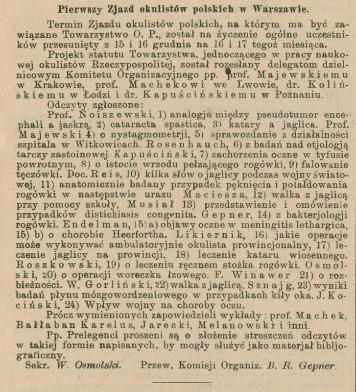 Skan doniesienia prasowego o pierwszym zjeździe okulistów polskich w Warszawie w Polskim Czasopiśmie Lekarskim z 1921 roku.