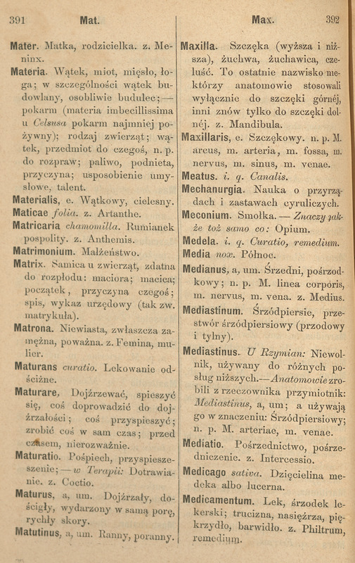Czarno-białe strony ze Słownika Łacińsko-Polskiego Hasła na literę M.