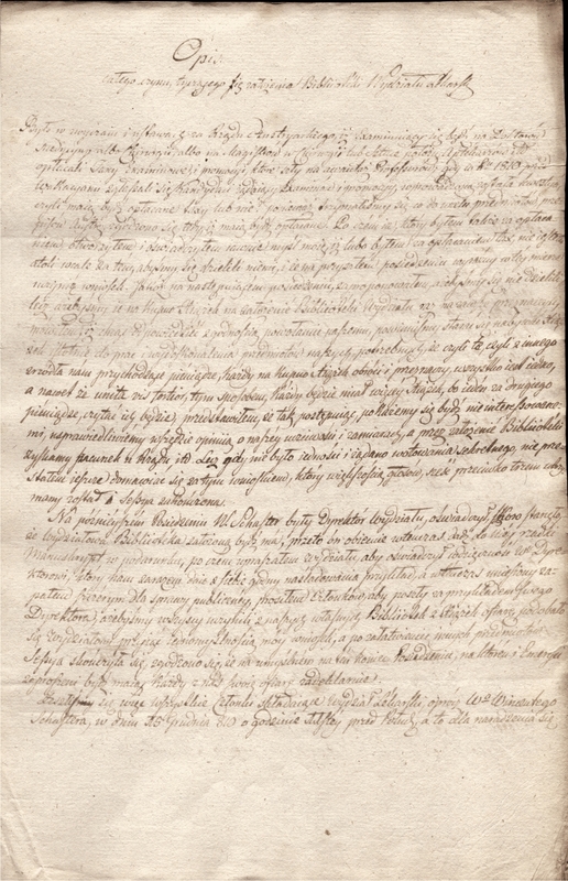 Pierwsza strona sporządzonego przez Sebastiana Girtlera "Opisu całego czynu tyczącego się założenia Biblioteki Wydziału Lekarskiego" [20 XII 1811 r.]. Strona jest lekko pożółkła. U góry strony widnieje ręcznie zapisany tytuł dokumentu "Opisu całego czynu tyczącego się założenia Biblioteki Wydziału Lekarskiego". Pozostała część strony wypełniona jest niemal w całości odręcznymi zapisem sporządzonym ciemnym atramentem. Miejscami atrament jest wyblakły.