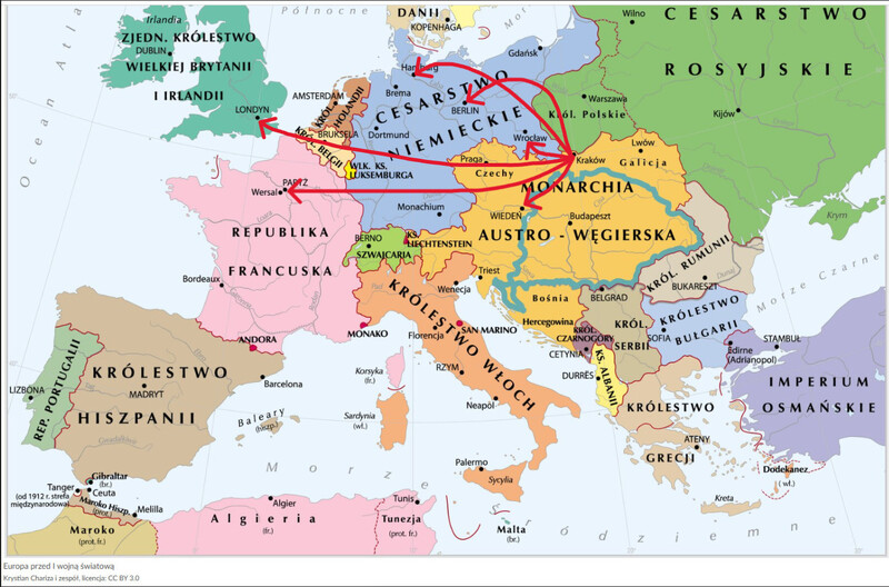 Ilustracja przedstawia uproszczoną mapę polityczną Europy sprzed I wojny światowej. Kilka czerwonych strzałek wychodzi z Krakowa, obrazując kierunki podróży naukowych prof. W. Reissa, rozchodzą się one w kilku kierunkach:
• w kierunku Wiednia
• w kierunku Berlina i Hamburga
• w kierunku Londynu
• w kierunku Paryża
• w kierunku Wrocławia.