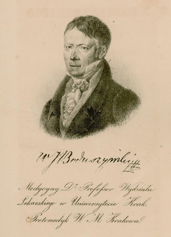 Strona zawiera czarno-biały portret mężczyzny narysowany techniką litografii. Mężczyzna patrzy na wprost, ubrany jest w ciemny frak, jasną koszulę i bogato udrapowaną chustę pod szyją. Ma krótkie, ciemne włosy, wysokie czoło i spokojny wyraz twarzy. Pod portretem podpis: „W. J. Boduszynski” Niżej zapisany tytuł i funkcje:
„Medycyny Dr Professor Wydziału Lekarskiego w Uniwersytecie Krak. Protomedyk W: M. Krakowa.” Litografia umieszczona jest na kremowej stronie.