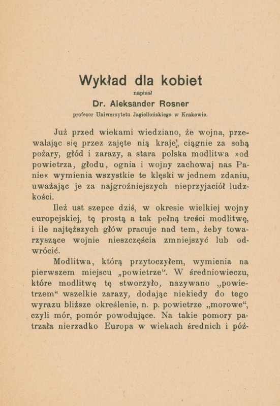 Ilustracja czarno-biała przedstawia stronę tytułową wydanego drukiem wykładu dla kobiet prof. Rosnera z 1916 roku.