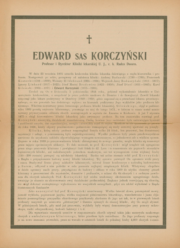 Ilustracja czarno-biała przedstawia pierwszą stronę tekstu wspomnienia pośmiertnego Edward Sas Korczyński. U góry nad tekstem znak krzyża.