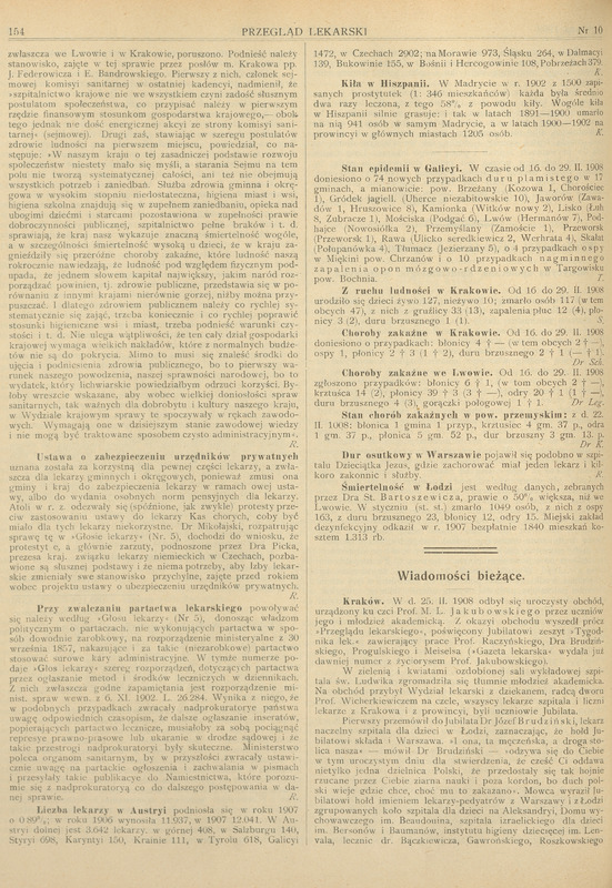 Skan przedstawia fragment strony z czasopisma codziennego „Przegląd Lekarski”, z rubryki zatytułowanej „Wiadomości bieżące”, dokumentującej uroczyste pożegnanie prof. Macieja Leona Jakubowskiego. Artykuł rozpoczyna informacja o wydarzeniu:
„Kraków. W d. 25 II 1908 odbył się uroczysty obchód urządzony ku czci Prof. M. L. Jakubowskiego przez uczniów jego i młodzież akademicką.” Dalej w tekście wspomniano, że ceremonia miała miejsce w sali wykładowej szpitala św. Ludwika udekorowanej zielenią i kwiatami.
W dalszej części artykułu zacytowano pierwszego mówcę dr. Józefa Brudzińskiego, który wskazał, że hołd płynie z różnych części kraju, z tych dziecięcych klinik i oddziałów, które prof. Jakubowski inspirował.
Wspomniane są kliniki i szpitale m.in. w Warszawie i Łodzi. Mówca podkreślił wkład profesora w rozwój pediatrii w Polsce.