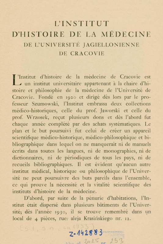 Ilustracja czarno-biała przedstawia stronę tytułową artykułu prof. Szumowskiego pod tytułem „L'institute d'Histoire de la Médecine de l'Université Jagiellonienne de Cracovie”.