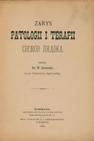Ilustracja czarno-biała przedstawia stronę tytułową dzieła prof. Jaworskiego Zarys patologii i terapii chorób żołądka z 1889 roku. Tytuł drukowanymi literami.