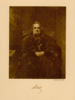 Ilustracja w odcieniach szarości i czerni przedstawia mężczyznę siedzącego na krześle, ubranego w togę, ze złożonymi rękami.