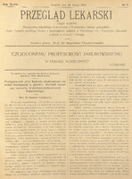 Na zdjęciu widać skan strony tytułowej czasopisma „Przegląd Lekarski” z 29 lutego 1908 roku, nr 9. U góry znajduje się nagłówek dużą czcionką: „PRZEGLĄD LEKARSKI”.
Pod spodem dopisek: „Organ urzędowy Towarzystwa lekarskiego krakowskiego i Towarzystwa lekarzy galicyjskich…”, wskazujący na zasięg i odbiorców pisma.
Niżej informacja o redaktorze głównym: Prof. dr Stanisław Ciechanowski.
Pośrodku, dużą czcionką, znajduje się tytuł: „Czcigodnemu Profesorowi Jakubowskiemu w hołdzie wdzięczności”, a poniżej dopisek: Uczniowie. 
W dolnej części strony zaczyna się tekst artykułu: „Postępowanie przy badaniu skuteczności surowic leczniczych w płonicy…”, sygnowany jako praca Prof. dr Ksawerego Lewkowicza ze szpitala św. Ludwika…, dyrektor prof. Jakubowski.


