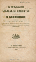 Czarno-biała strona tytułowa pracy "O wodach lekarskich robionych w porównaniu z rodzimemi". W części centralnej czarno-biała ilustracja: książka, naczynie, motyw roślinny.