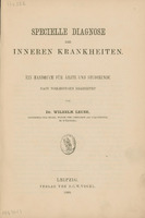 Ilustracja czarno-biała przedstawia stronę tytułową pracy Wilhelma Laube Specielle Diagnose der inneren Krankheiten z 1889 roku. Tytuł drukowanymi literami.