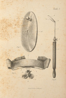 Skan przedstawia trzy monochromatyczne ilustracje przedstawiające przyrządy laryngologiczne. Tło jest beżowe, z widocznymi plamami i przebarwieniami.
Pierwsza ilustracja to reflektor czołowy - obiekt o owalnym kształcie, przypominający tarczę lub osłonę. W jego centrum znajduje się  dziura, a powyżej wypukłość. Wokół niego rozmieszczone są oznaczenia literowe wskazujące na różne części konstrukcji. Druga ilustracja jest bardziej złożona. Przedstawia opaskę czołową. Składa się z kilku połączonych ze sobą części, z wyraźnymi konturami i oznaczeniami literowymi. Kształt przypomina kombinację dźwigni i uchwytów i materiałowej opaski. Trzecia ilustracja to wziernik krtaniowy - narzędzie z długim, prostym uchwytem zakończonym zakrzywionym końcem z lusterkiem. 
