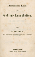 Ilustracja czarno-biała przedstawia stronę tytułową dzieła prof. Dietla pod tytułem Anatomische Klinik der Gehirn-Krankheiten z 1846 roku.